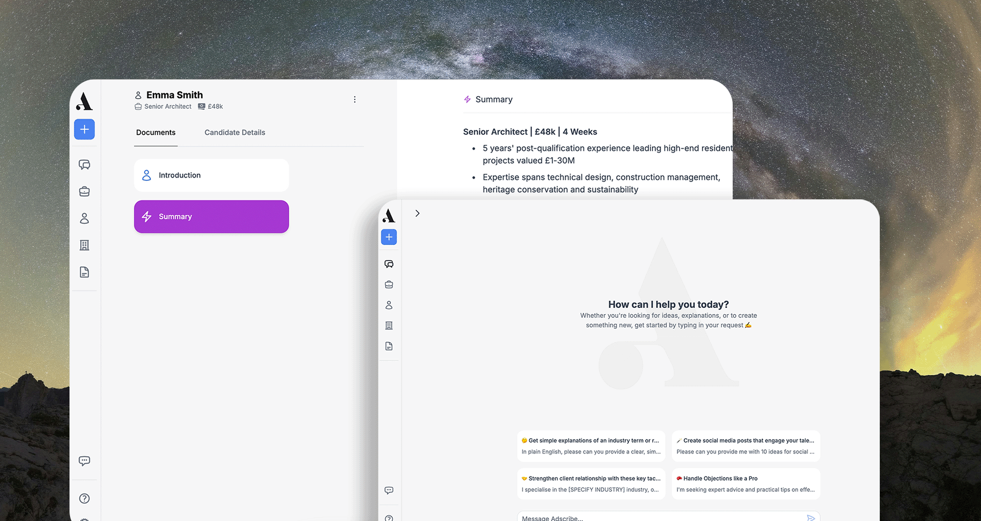 AdScribe application interface showing AI-generated recruitment documents