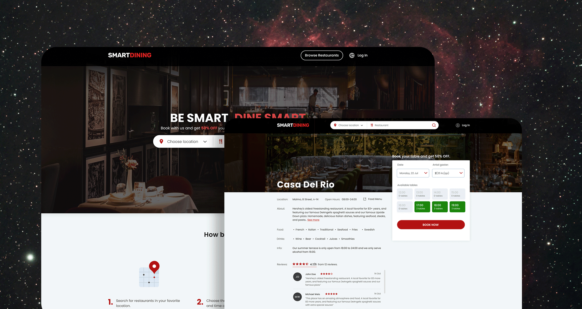 Smart Dining application showing restaurant table availability