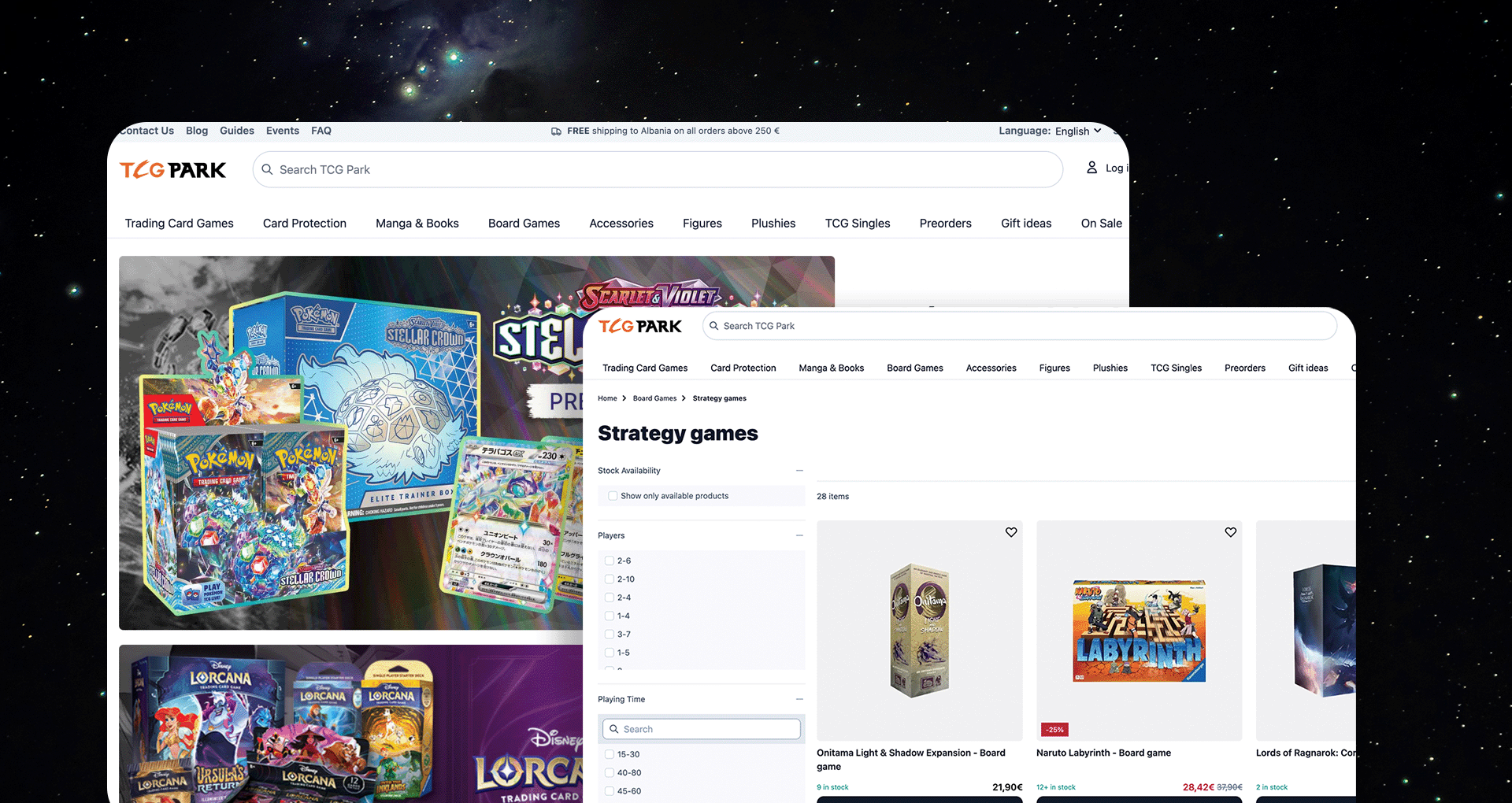 TCG Park website homepage showcasing Pokémon trading cards